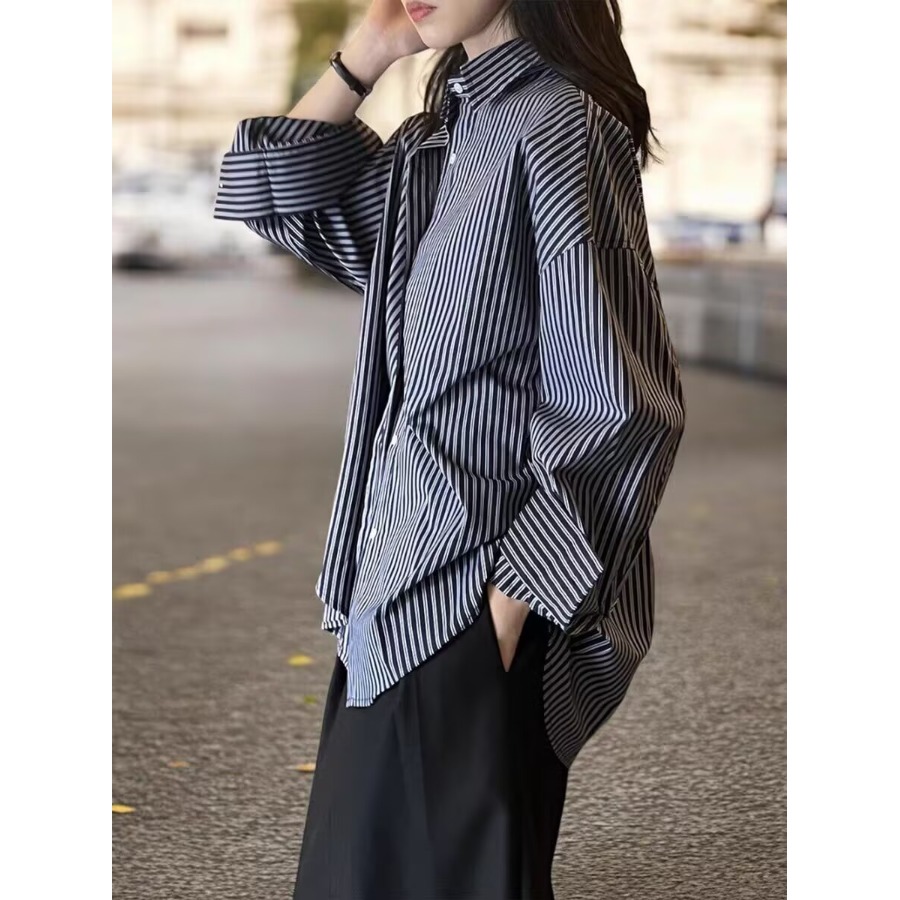 Vintage Fashion Hong Kong - Синяя полосатая свободная женская рубашка с