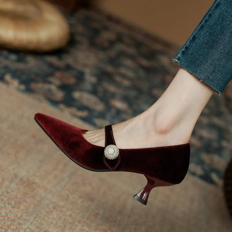 Vintage Fashion Heels - Винно-красные туфли Мэри Джейн с острым
